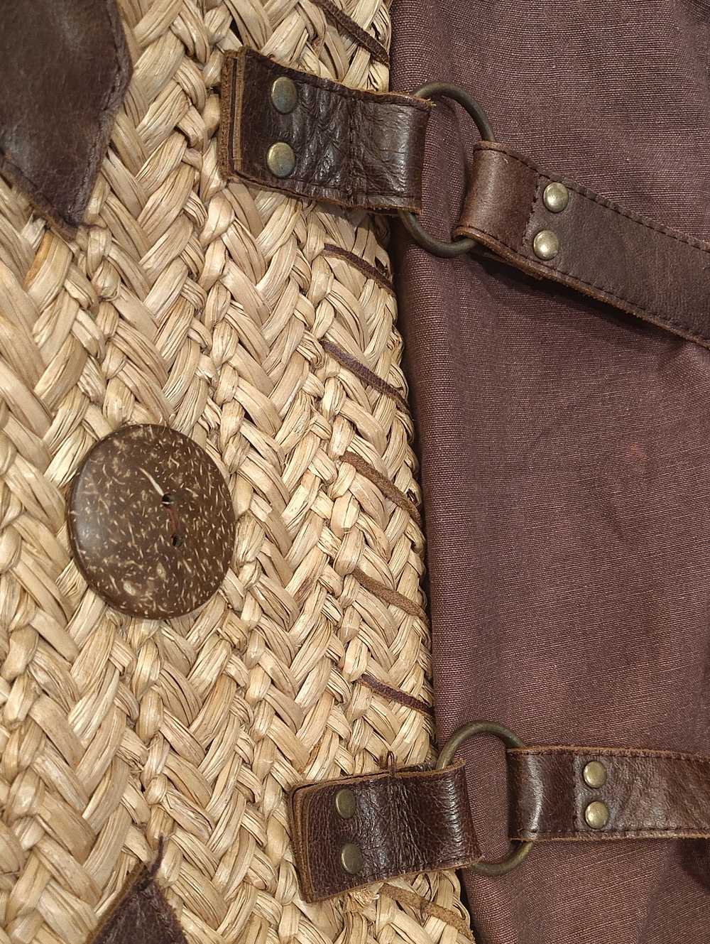 Bella Luna Boho Straw Basket Handbag Brown Leather Accent Vintage - Picture 5 of 16